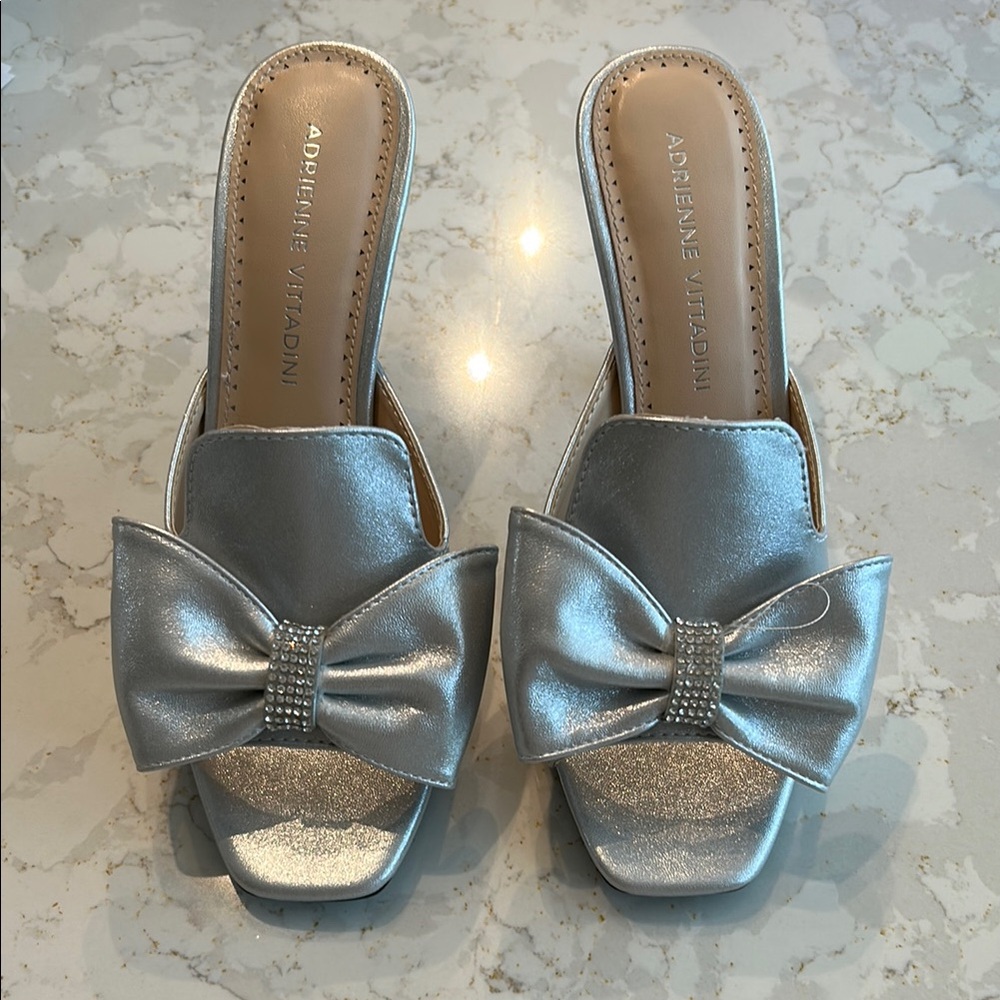 Adrienne Vittadini Silver Mules with Bow Detail